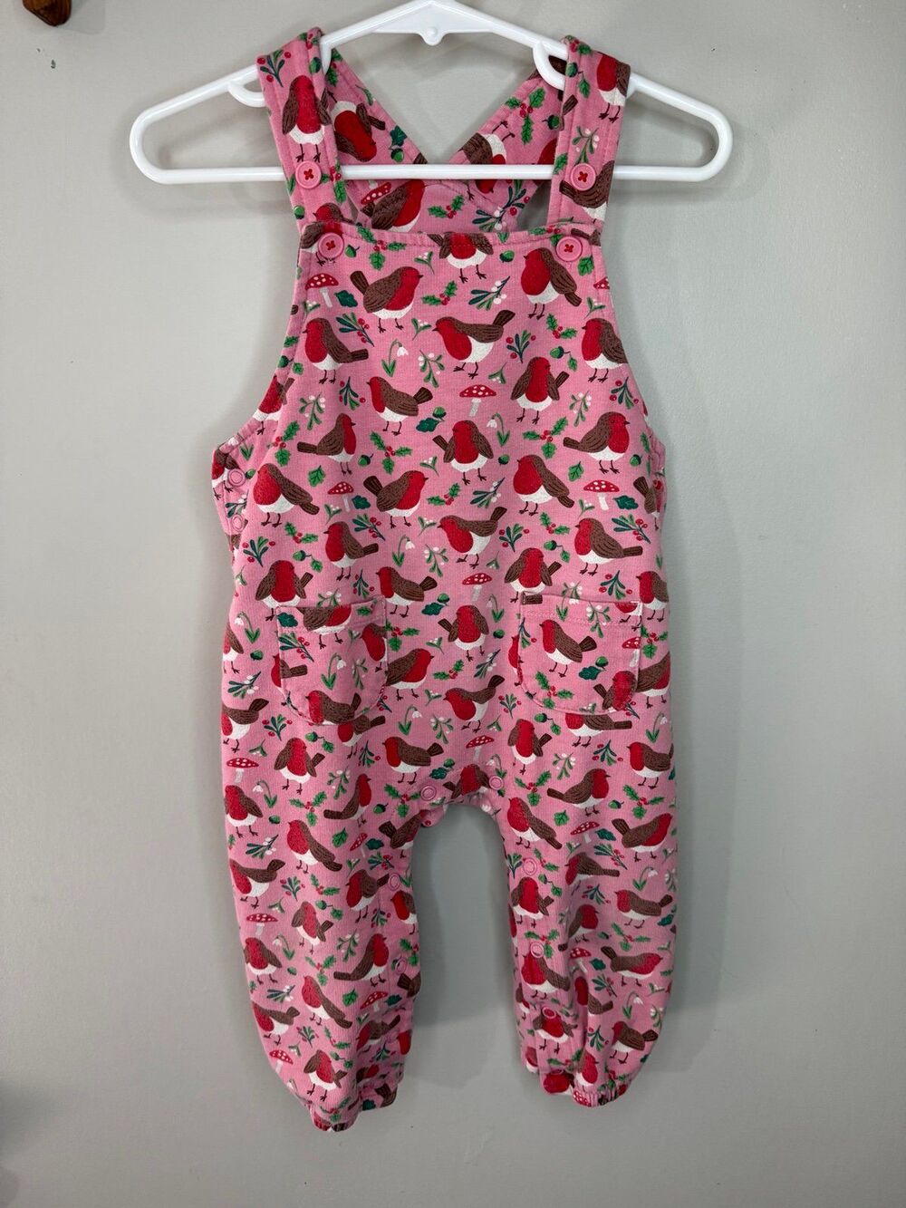 Baby Boden Pink Jersey Robin Bird Mushroom Print Dungarees Overalls 12-18M